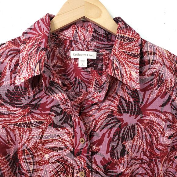 Coldwater Creek Shirt Blouse L Red Sheer Burnout Career Fall Autumn Classic - Picture 2 of 8